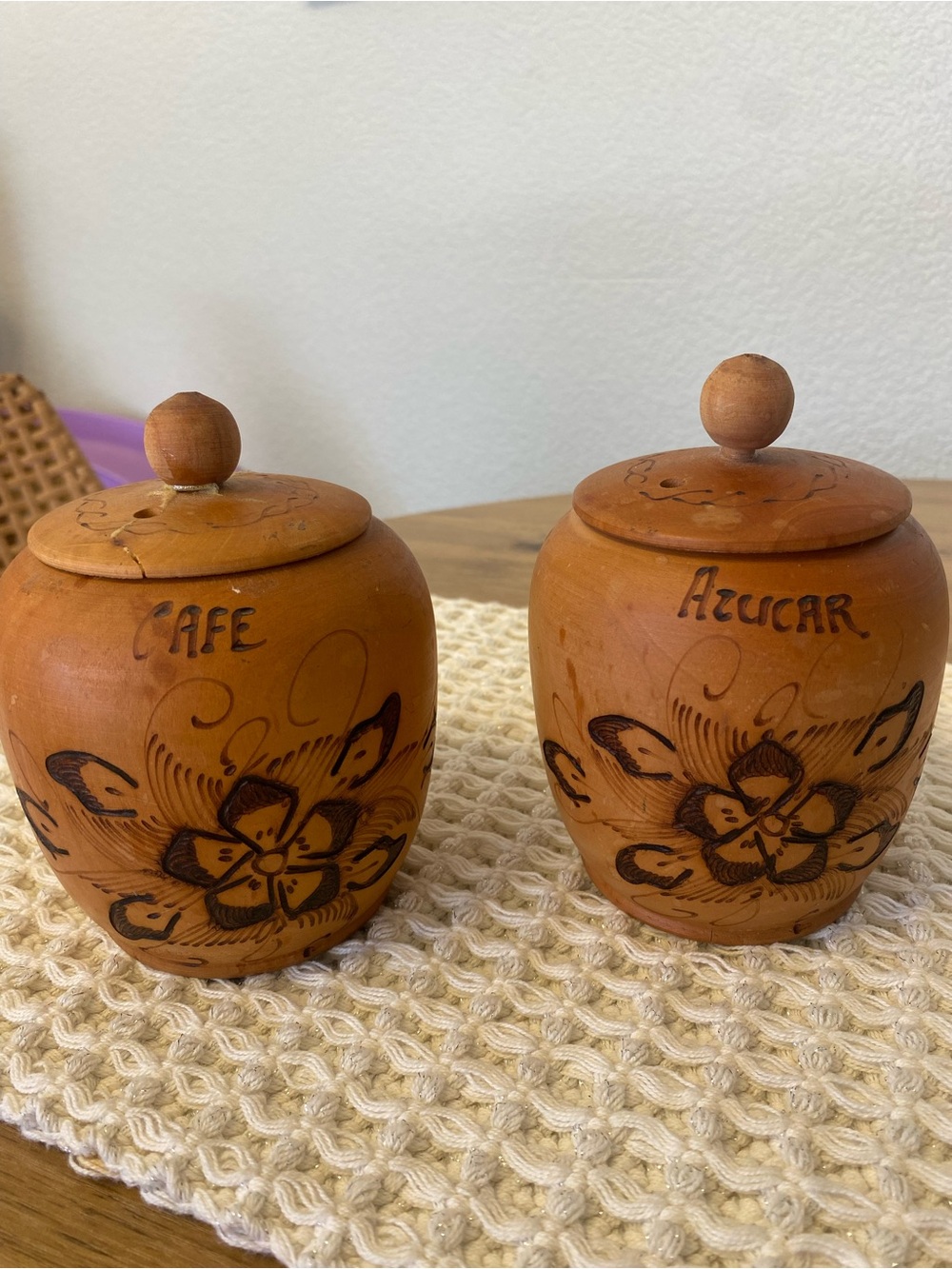 Handcrafted Mexican inspired Wood Canister Set - Cafe & Azucar - Floral Design